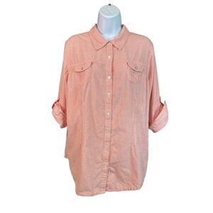 Kim Rogers 1X Coral Pink Pinstripe Shirt Blouse Coastal Chic Preppy Classic